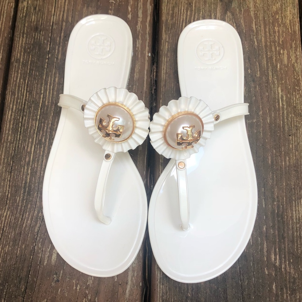 White Tory Burch Melody Pearl Jelly Flip Flop